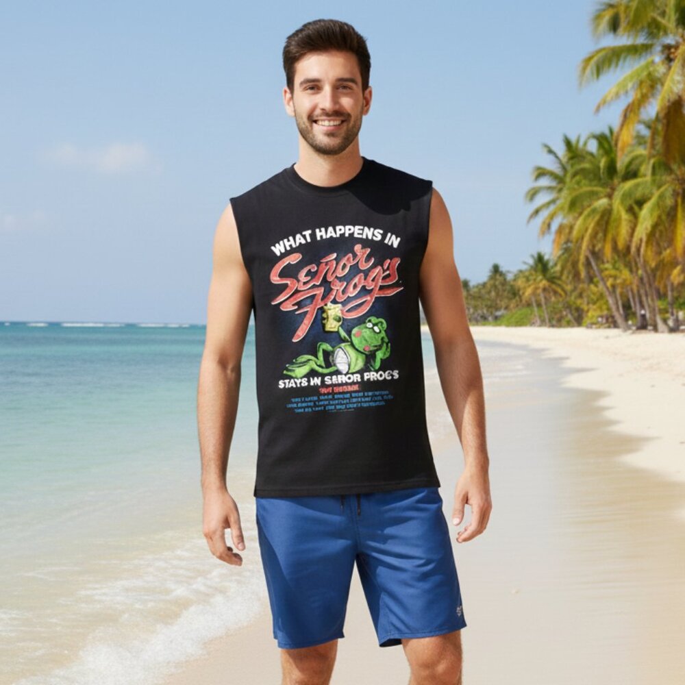 Vintage Senor Frog's What Happens In Small Black 100% Cotton Men's Tank Top EUC
